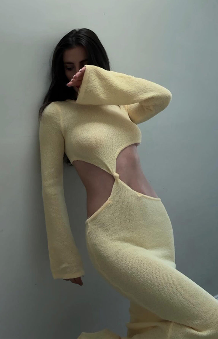 Arya Yellow Long Sleeve Knit Maxi Dress-Vavasi.All Rights Reserved.