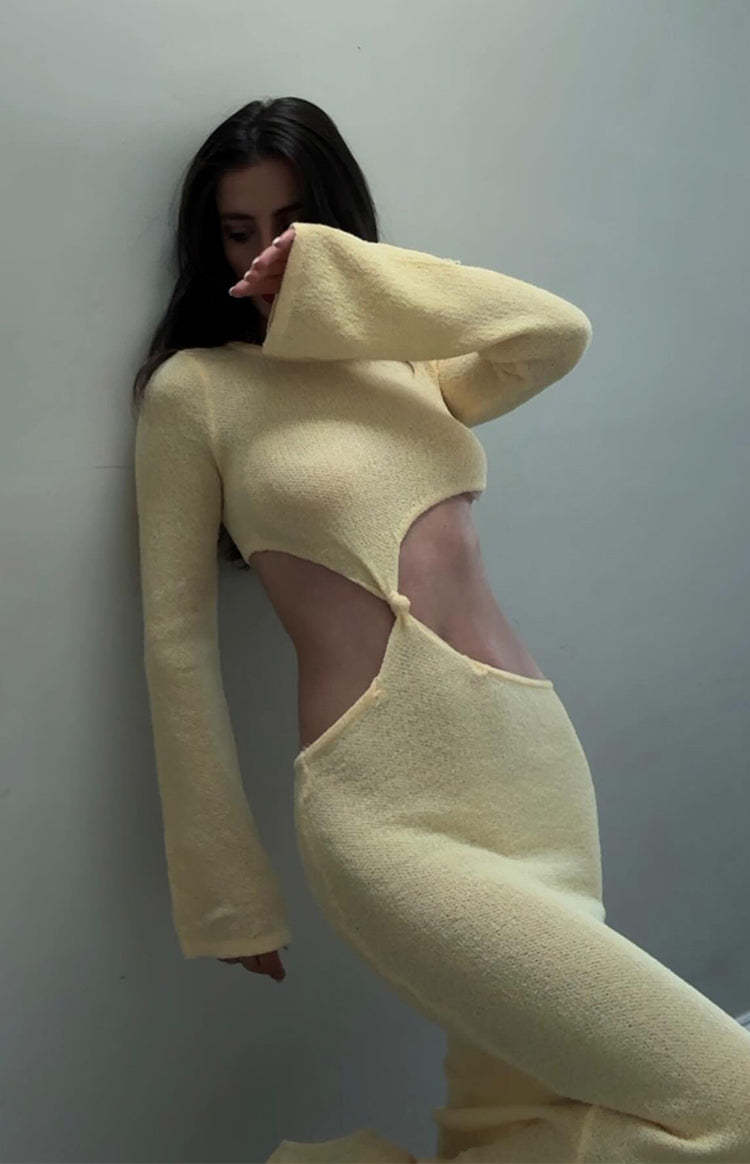Arya Yellow Long Sleeve Knit Maxi Dress-Vavasi.All Rights Reserved.