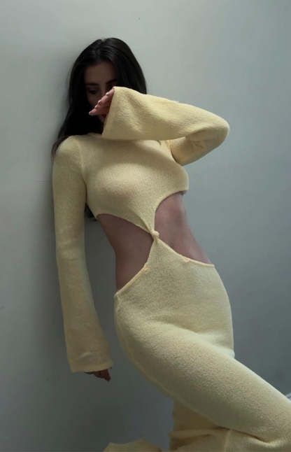 Arya Yellow Long Sleeve Knit Maxi Dress-Vavasi.All Rights Reserved.