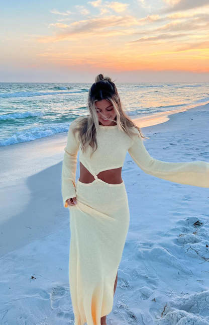 Arya Yellow Long Sleeve Knit Maxi Dress-Vavasi.All Rights Reserved.