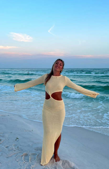 Arya Yellow Long Sleeve Knit Maxi Dress-Vavasi.All Rights Reserved.