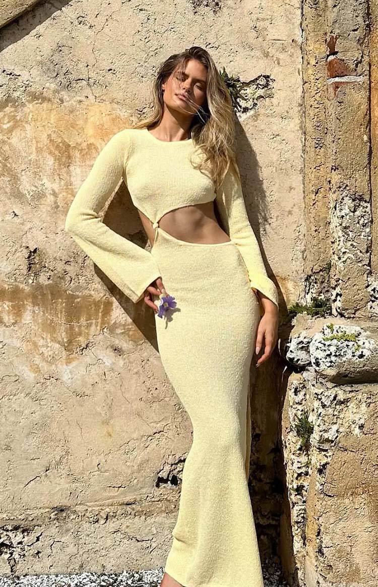 Arya Yellow Long Sleeve Knit Maxi Dress-Vavasi.All Rights Reserved.