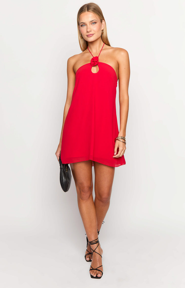 Ashlin Red Halter Mini Dress-Vavasi.All Rights Reserved.