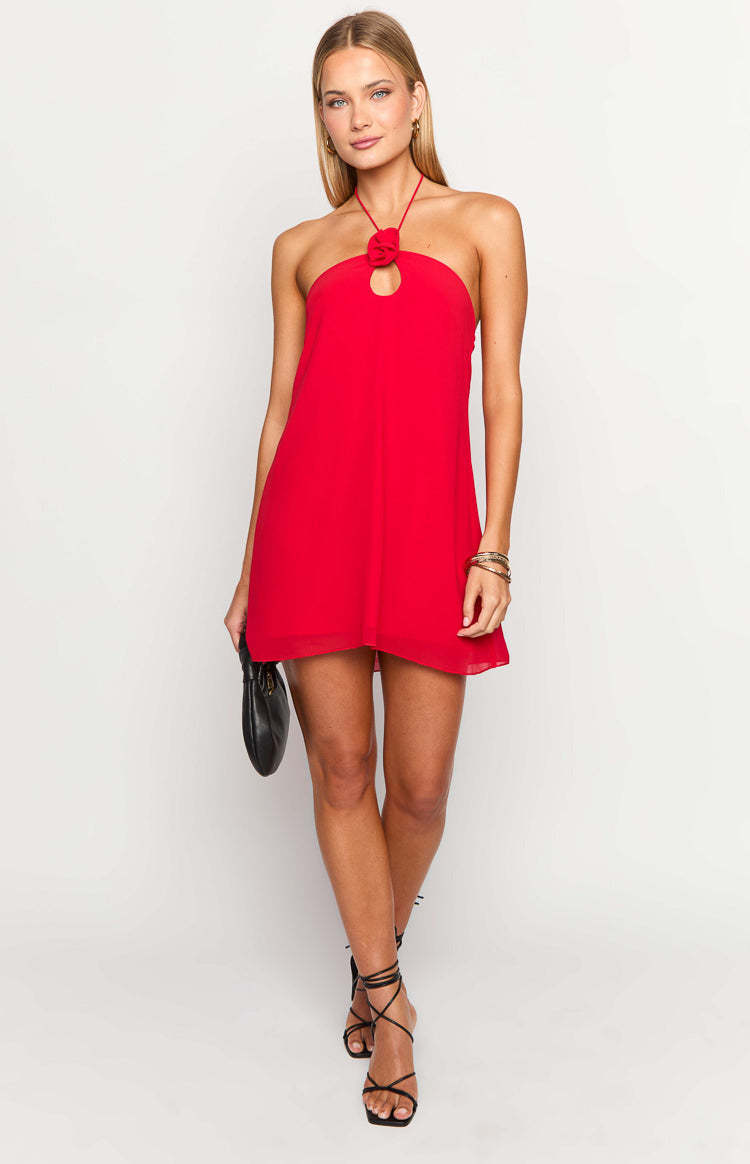 Ashlin Red Halter Mini Dress-Vavasi.All Rights Reserved.