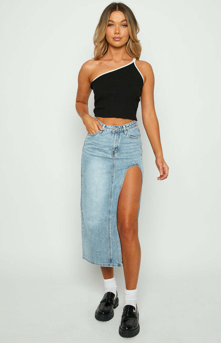 Aysha Cutout Blue Denim Midi Skirt-Vavasi.All Rights Reserved.