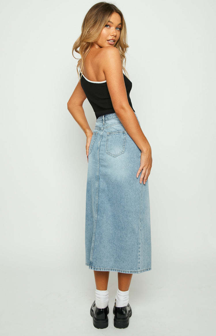 Aysha Cutout Blue Denim Midi Skirt-Vavasi.All Rights Reserved.