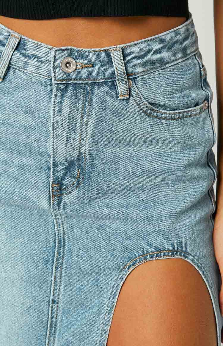 Aysha Cutout Blue Denim Midi Skirt-Vavasi.All Rights Reserved.
