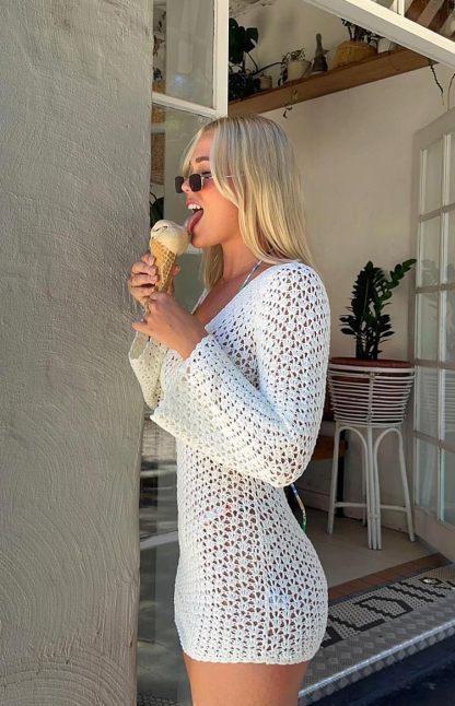 Alessia White Crochet Knit Long Sleeve Mini Dress-Vavasi.All Rights Reserved.