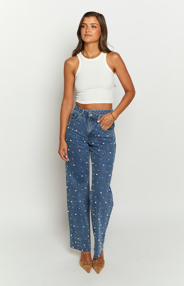 Denim Dazzle Pearl Mid Wash High Waisted Jeans-Vavasi.All Rights Reserved.
