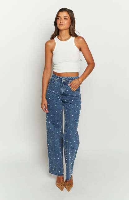 Denim Dazzle Pearl Mid Wash High Waisted Jeans-Vavasi.All Rights Reserved.