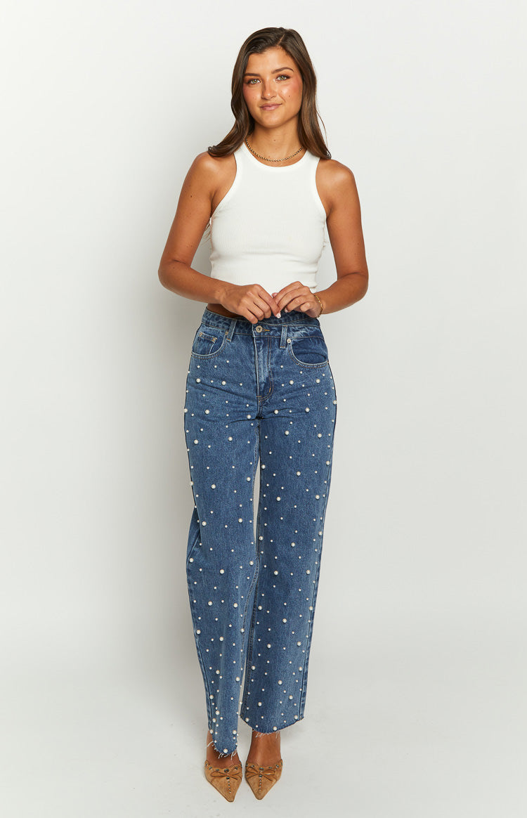 Denim Dazzle Pearl Mid Wash High Waisted Jeans-Vavasi.All Rights Reserved.