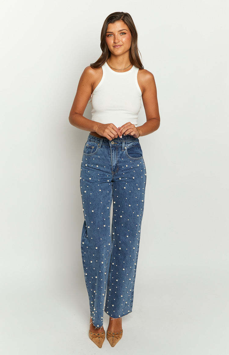 Denim Dazzle Pearl Mid Wash High Waisted Jeans-Vavasi.All Rights Reserved.