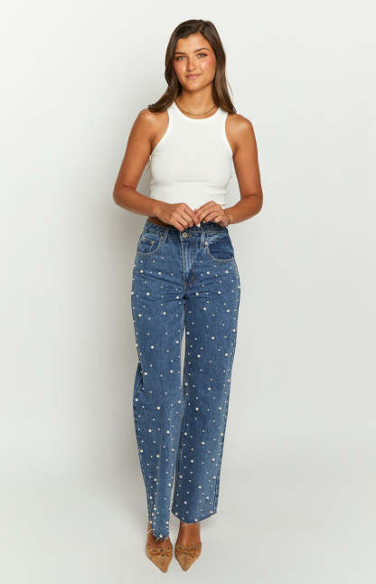 Denim Dazzle Pearl Mid Wash High Waisted Jeans-Vavasi.All Rights Reserved.