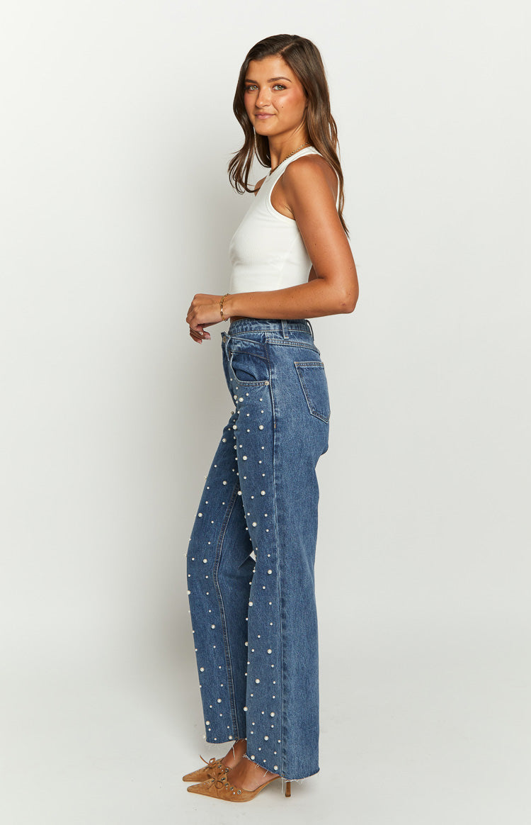 Denim Dazzle Pearl Mid Wash High Waisted Jeans-Vavasi.All Rights Reserved.