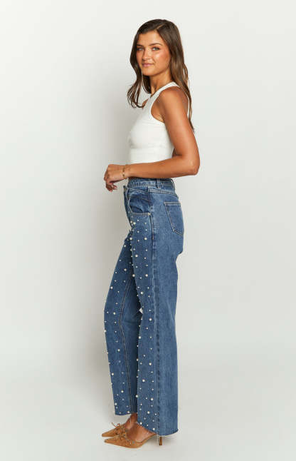 Denim Dazzle Pearl Mid Wash High Waisted Jeans-Vavasi.All Rights Reserved.