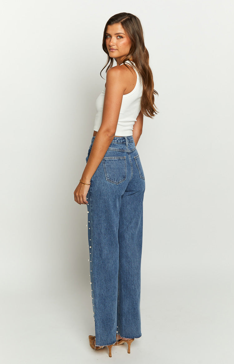 Denim Dazzle Pearl Mid Wash High Waisted Jeans-Vavasi.All Rights Reserved.