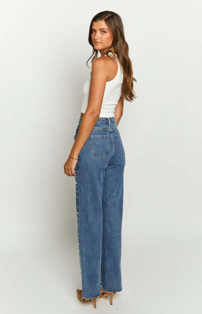 Denim Dazzle Pearl Mid Wash High Waisted Jeans-Vavasi.All Rights Reserved.