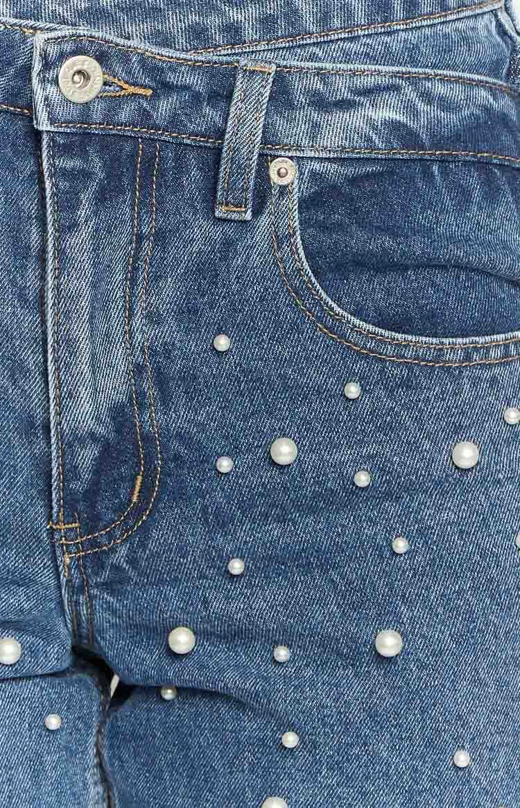 Denim Dazzle Pearl Mid Wash High Waisted Jeans-Vavasi.All Rights Reserved.