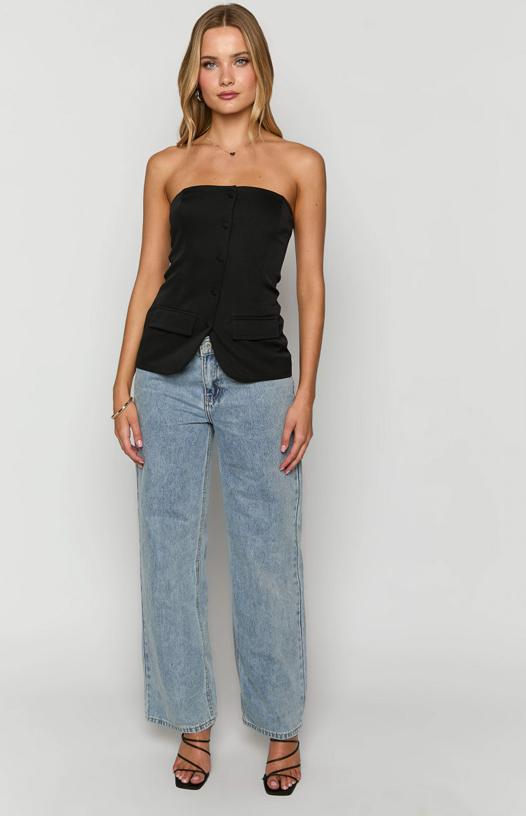 Dien Black Strapless Button Up Top-Vavasi.All Rights Reserved.