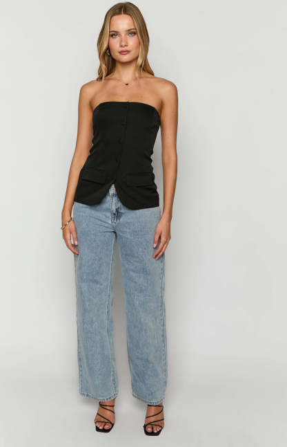 Dien Black Strapless Button Up Top-Vavasi.All Rights Reserved.