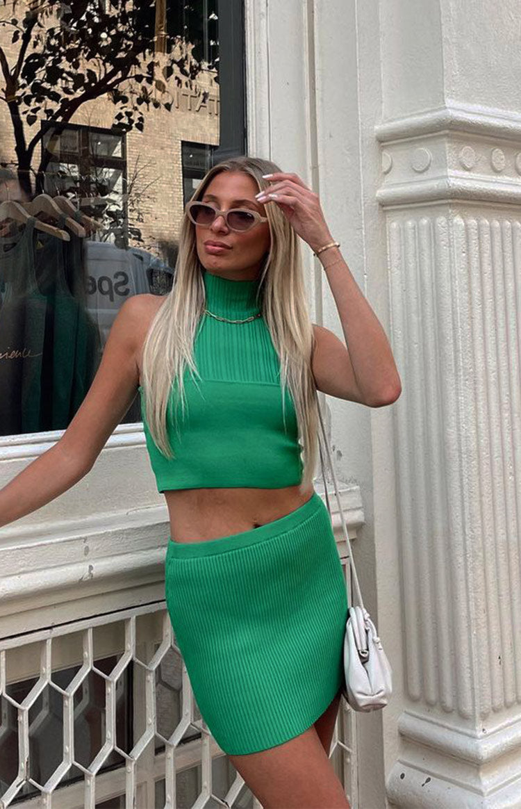 Dominica Green Rib Mini Skirt-Vavasi.All Rights Reserved.