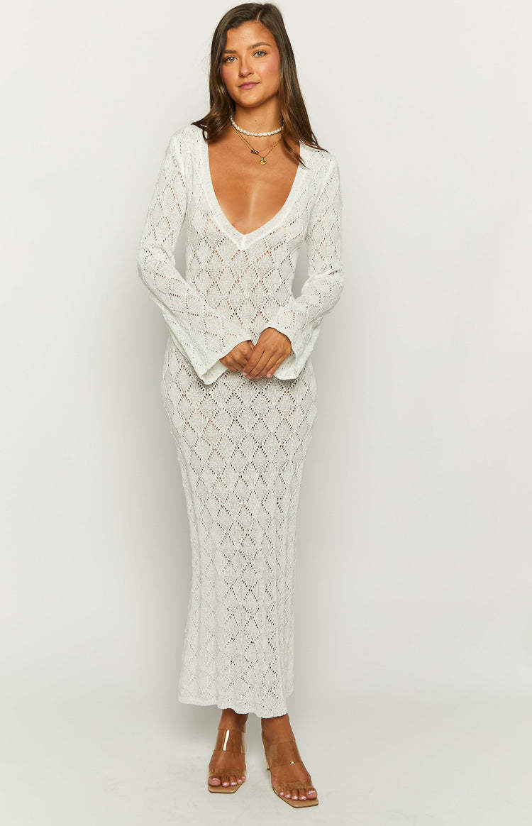 Drea White Backless Knit Maxi Dress-Vavasi.All Rights Reserved.