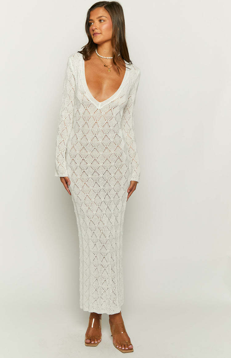 Drea White Backless Knit Maxi Dress-Vavasi.All Rights Reserved.