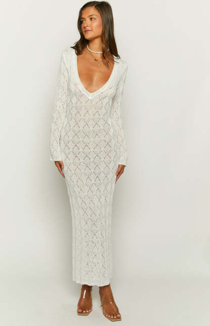 Drea White Backless Knit Maxi Dress-Vavasi.All Rights Reserved.