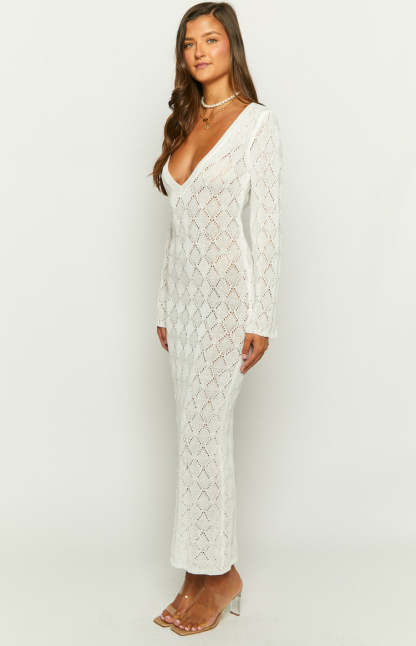 Drea White Backless Knit Maxi Dress-Vavasi.All Rights Reserved.