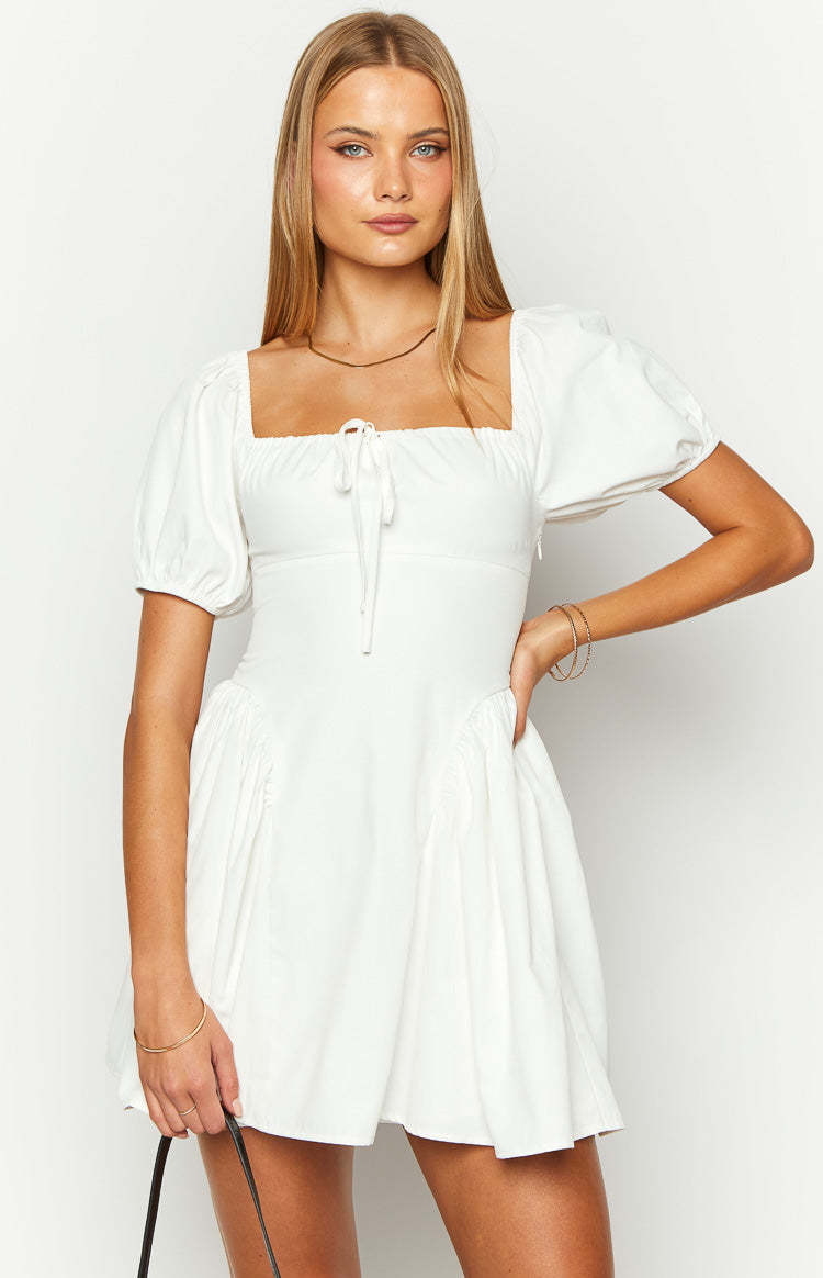 Emma White Puff Sleeve Mini Dress-Vavasi.All Rights Reserved.