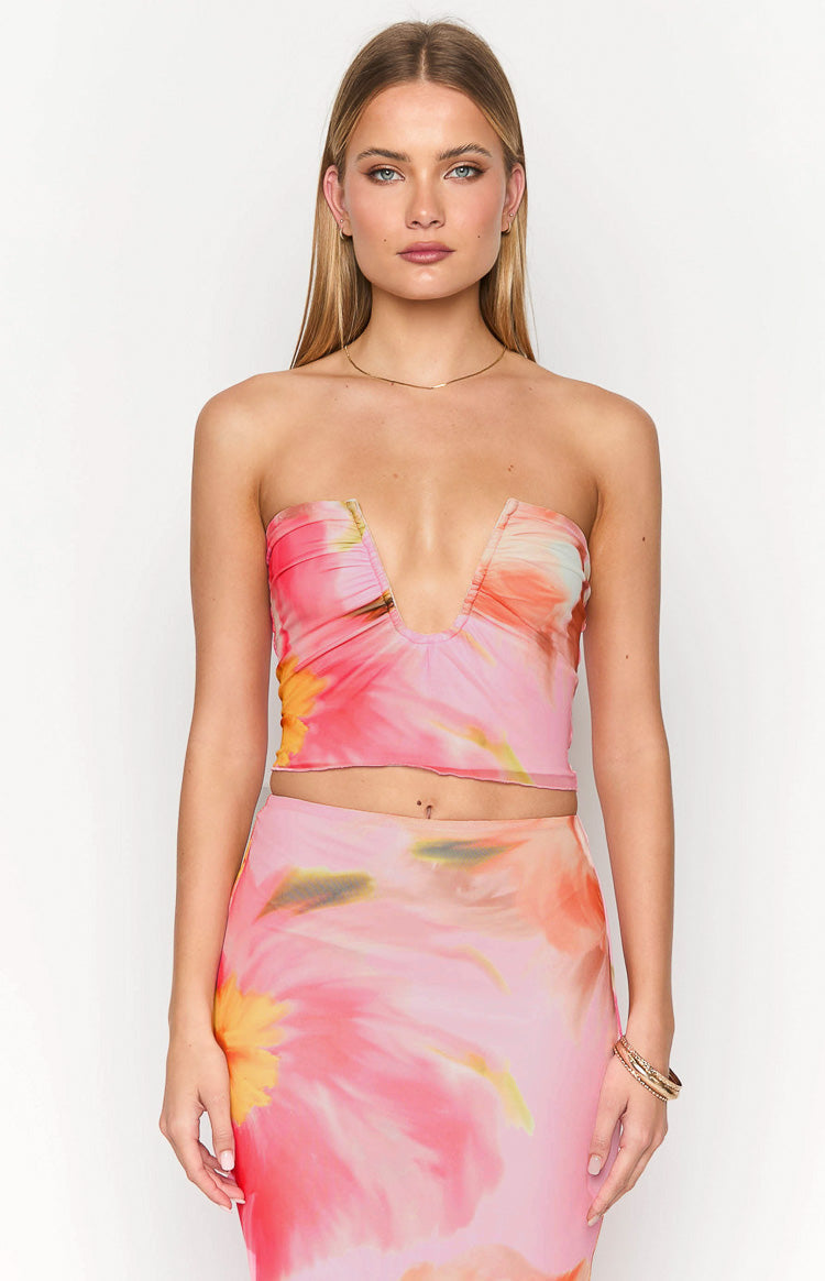 Esha Pink Floral Strapless Crop Top-Vavasi.All Rights Reserved.