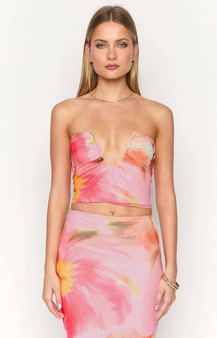 Esha Pink Floral Strapless Crop Top-Vavasi.All Rights Reserved.