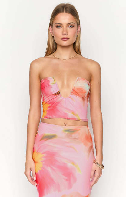 Esha Pink Floral Strapless Crop Top-Vavasi.All Rights Reserved.