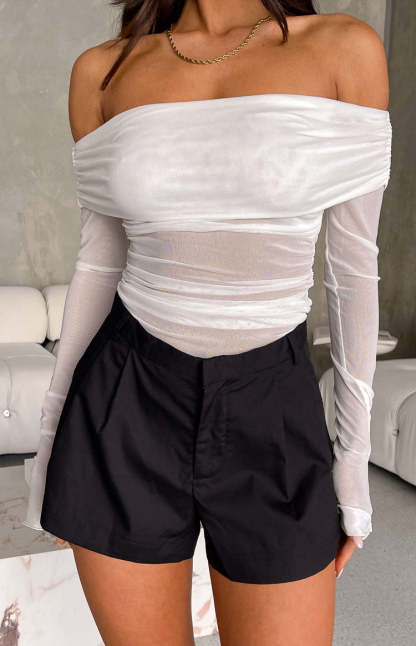 Sky White Mesh Off Shoulder Top-Vavasi.All Rights Reserved.