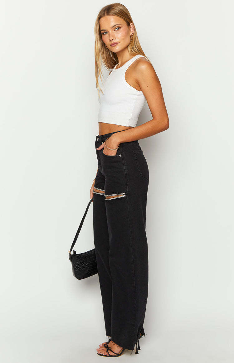 Gem Diamante Trim Wide Leg Black Denim Jeans-Vavasi.All Rights Reserved.