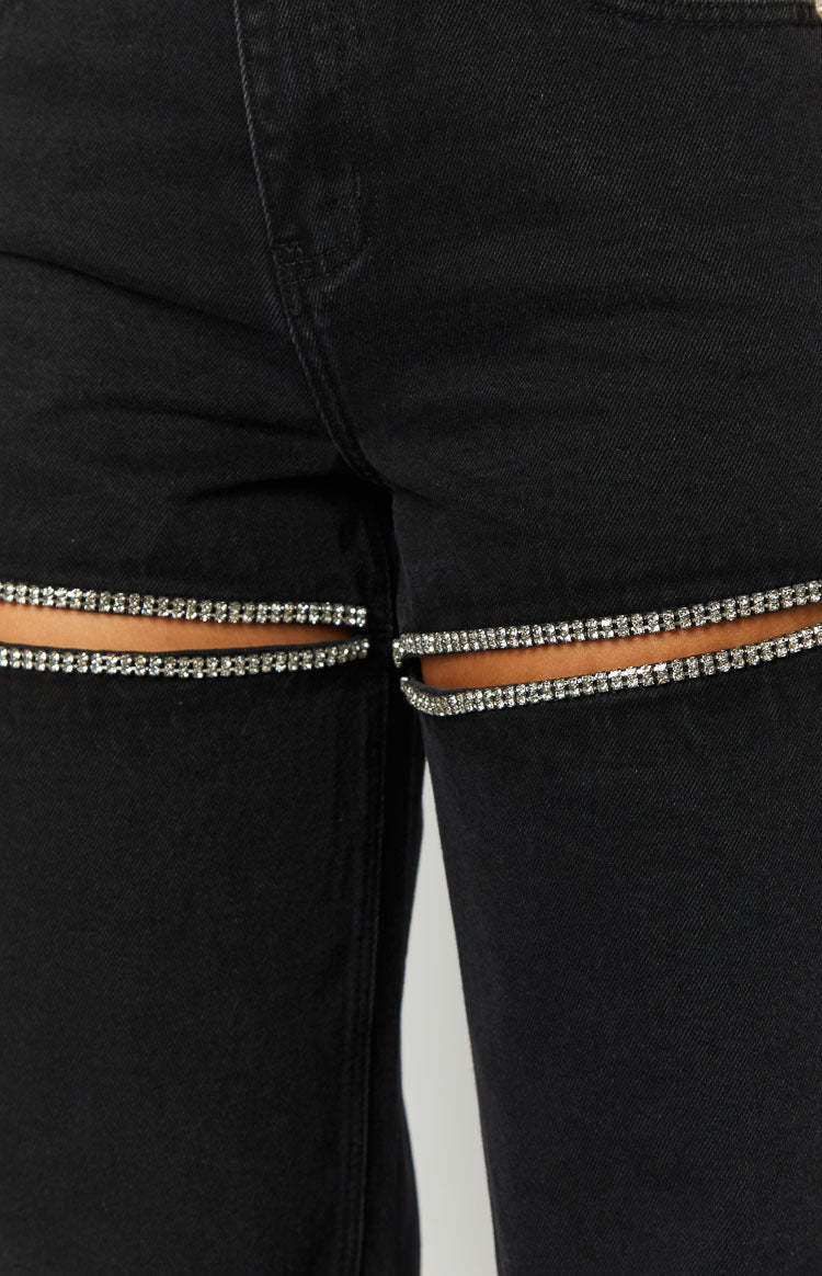 Gem Diamante Trim Wide Leg Black Denim Jeans-Vavasi.All Rights Reserved.