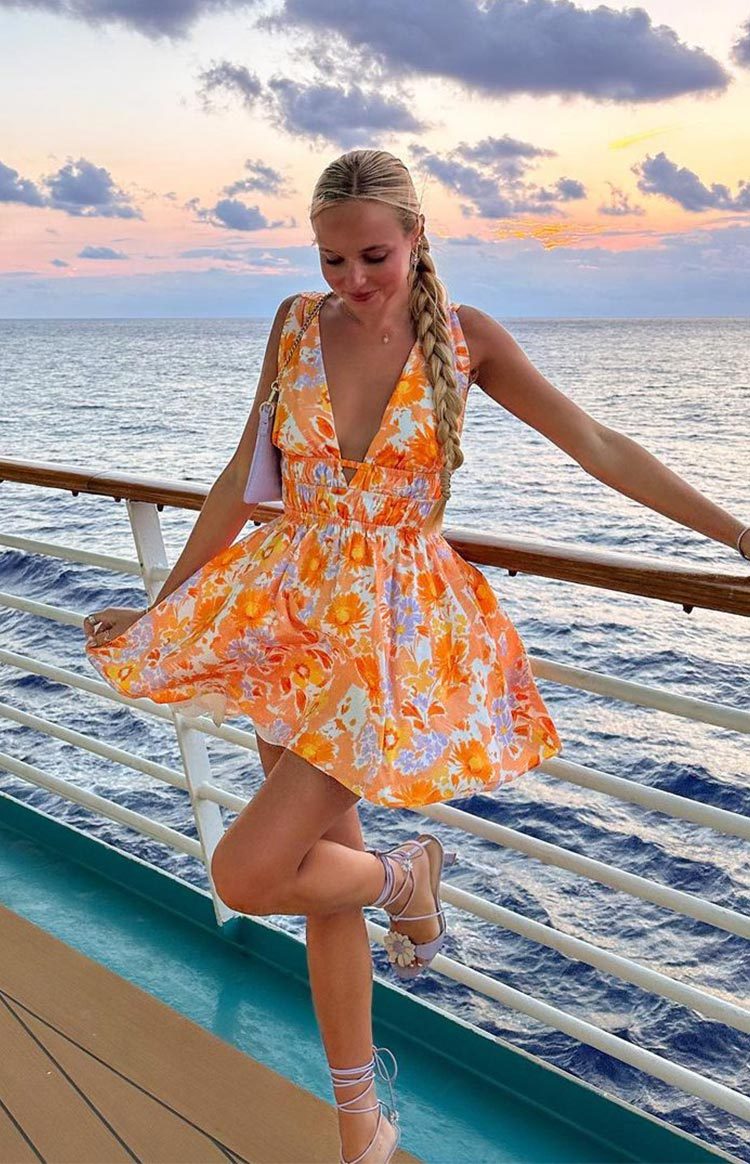 Genovia Orange Floral Mini Dress-Vavasi.All Rights Reserved.