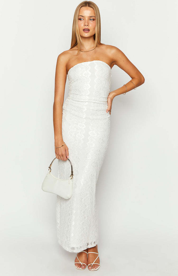 Imogen White Lace Strapless Maxi Dress-Vavasi.All Rights Reserved.