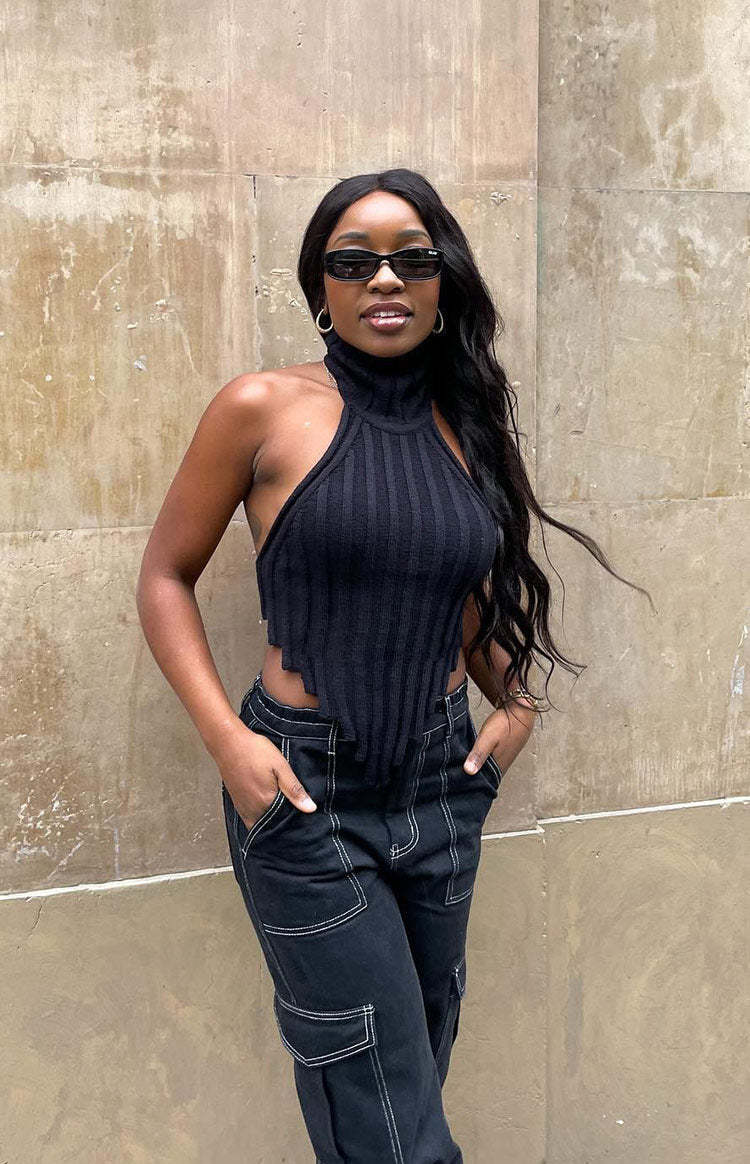 Izi Black Knit High Neck Top-Vavasi.All Rights Reserved.
