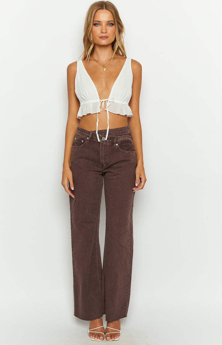 Kansis Brown Uneven Waist Jeans-Vavasi.All Rights Reserved.