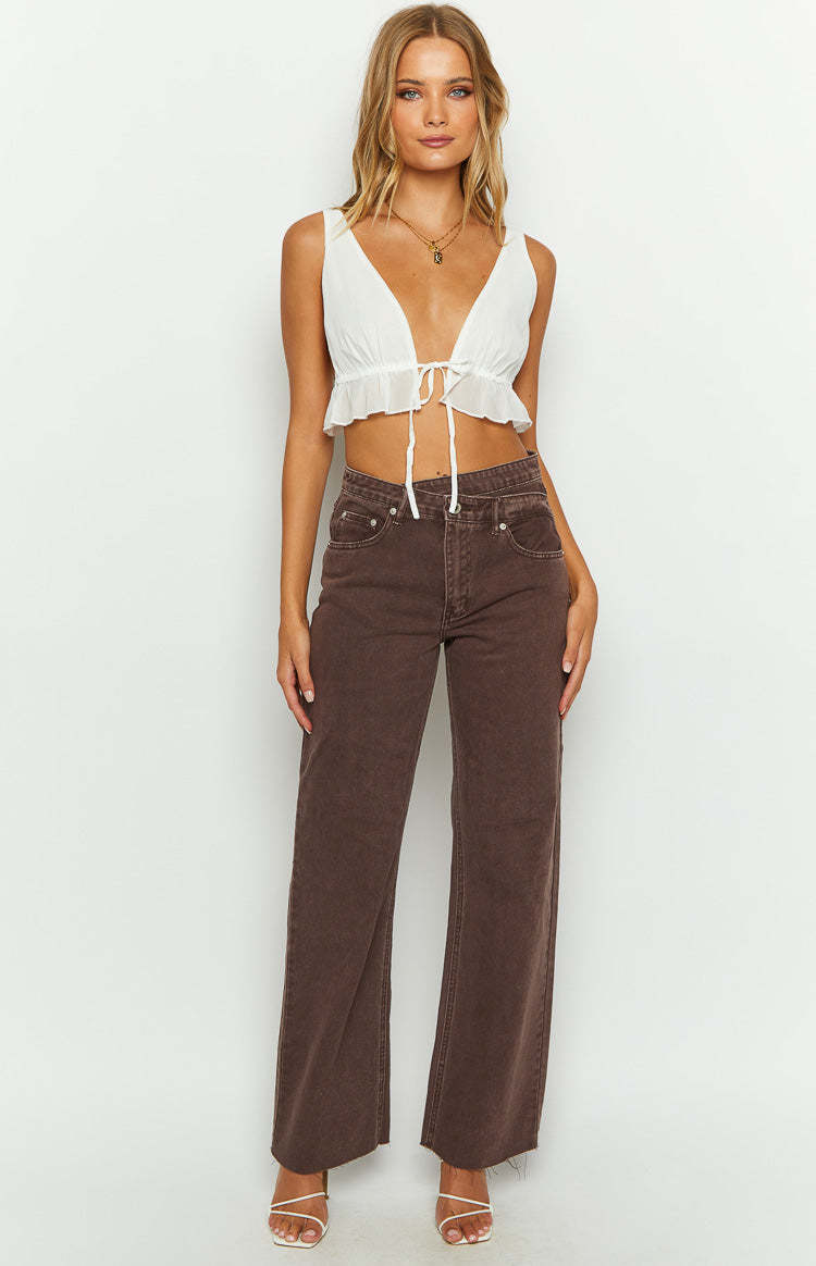 Kansis Brown Uneven Waist Jeans-Vavasi.All Rights Reserved.