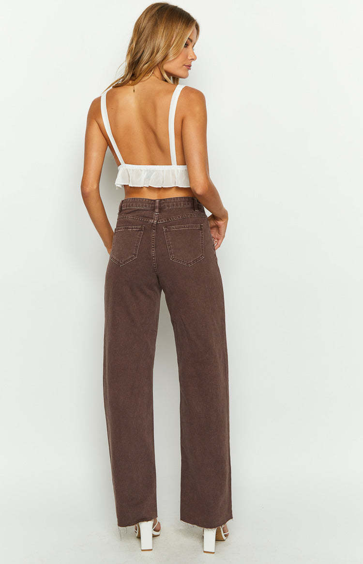 Kansis Brown Uneven Waist Jeans-Vavasi.All Rights Reserved.