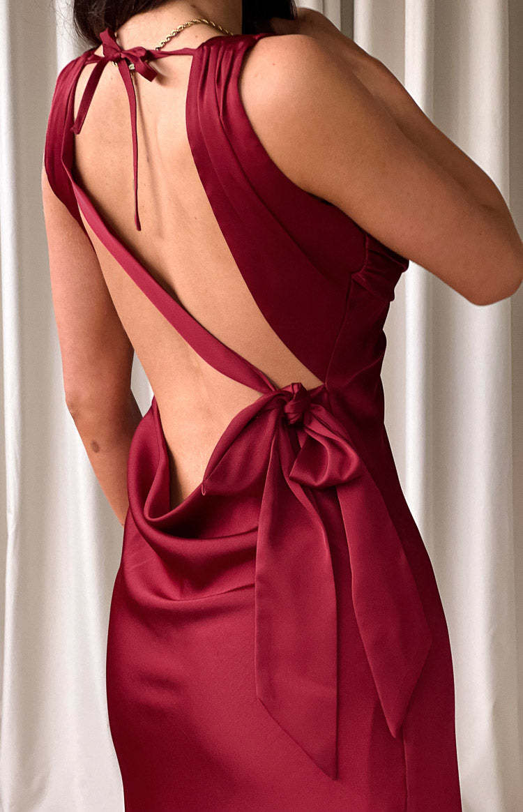 Laria Wine Satin Formal Maxi Dress-Vavasi.All Rights Reserved.