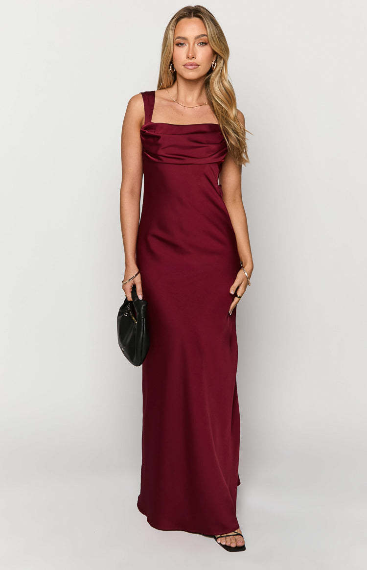 Laria Wine Satin Formal Maxi Dress-Vavasi.All Rights Reserved.