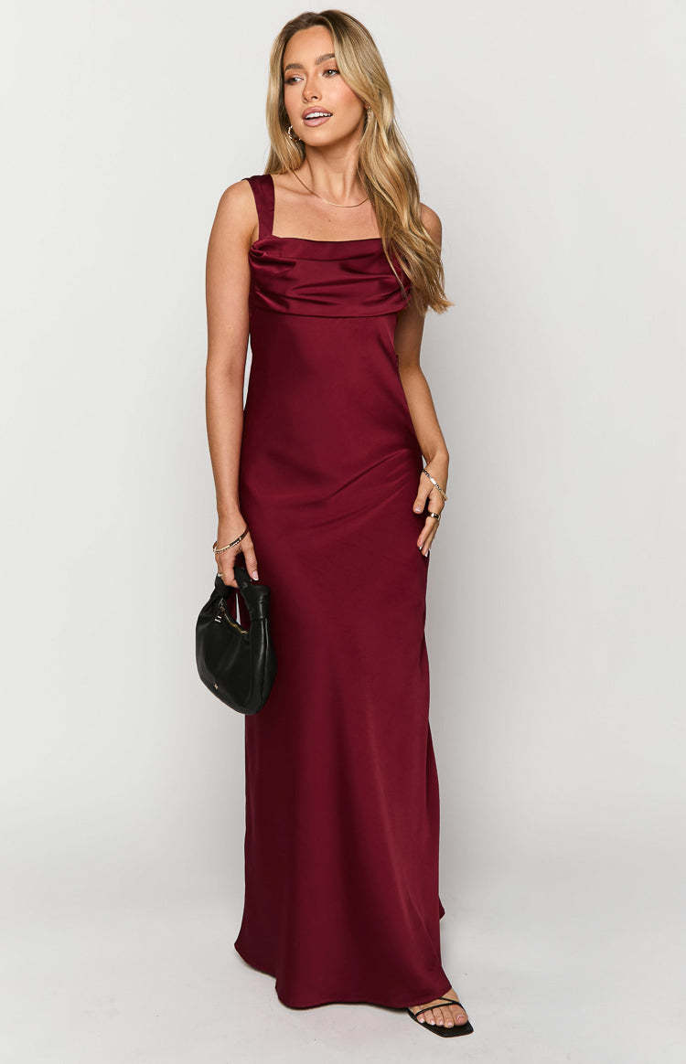 Laria Wine Satin Formal Maxi Dress-Vavasi.All Rights Reserved.