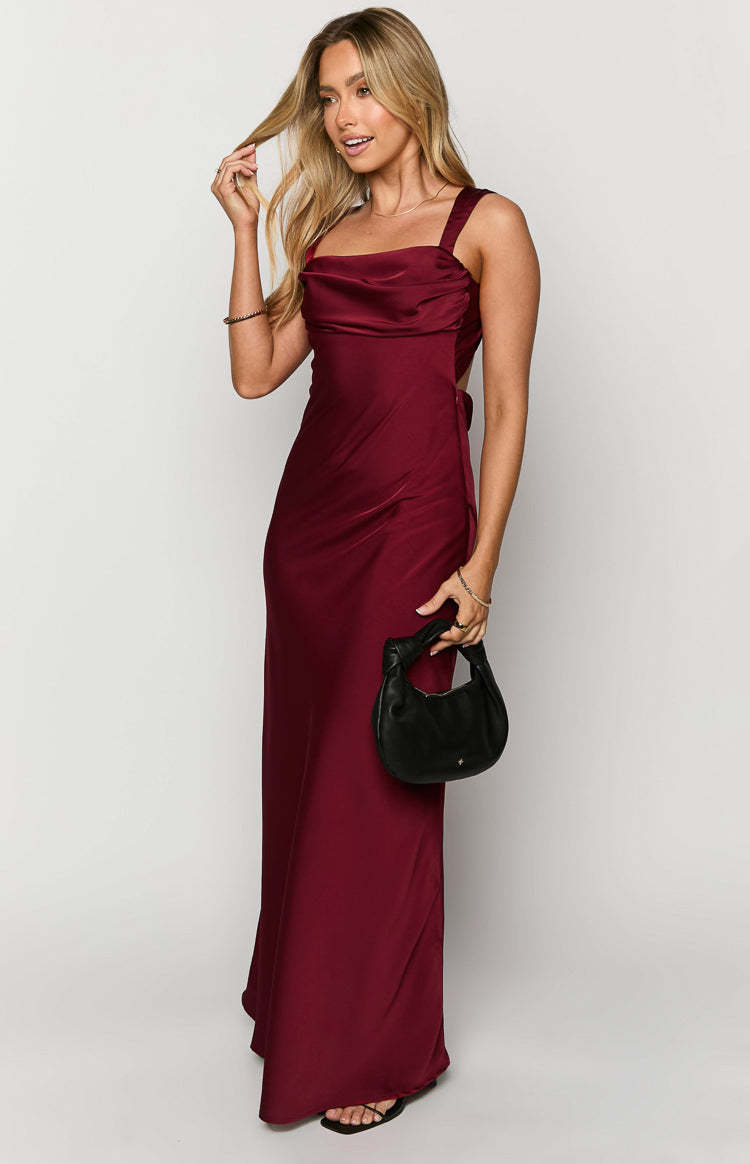 Laria Wine Satin Formal Maxi Dress-Vavasi.All Rights Reserved.