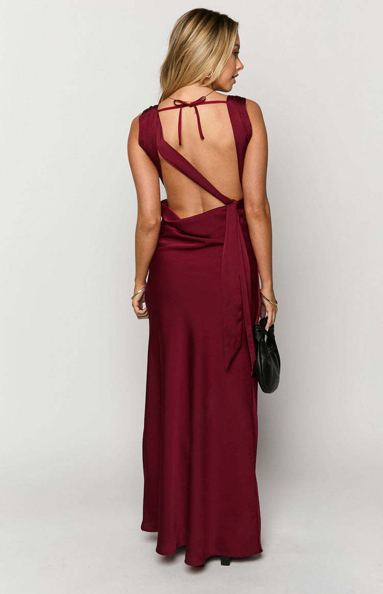 Laria Wine Satin Formal Maxi Dress-Vavasi.All Rights Reserved.
