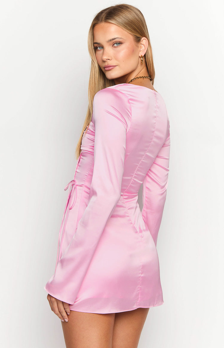 Lucy Pink Satin Long Sleeve Mini Dress-Vavasi.All Rights Reserved.