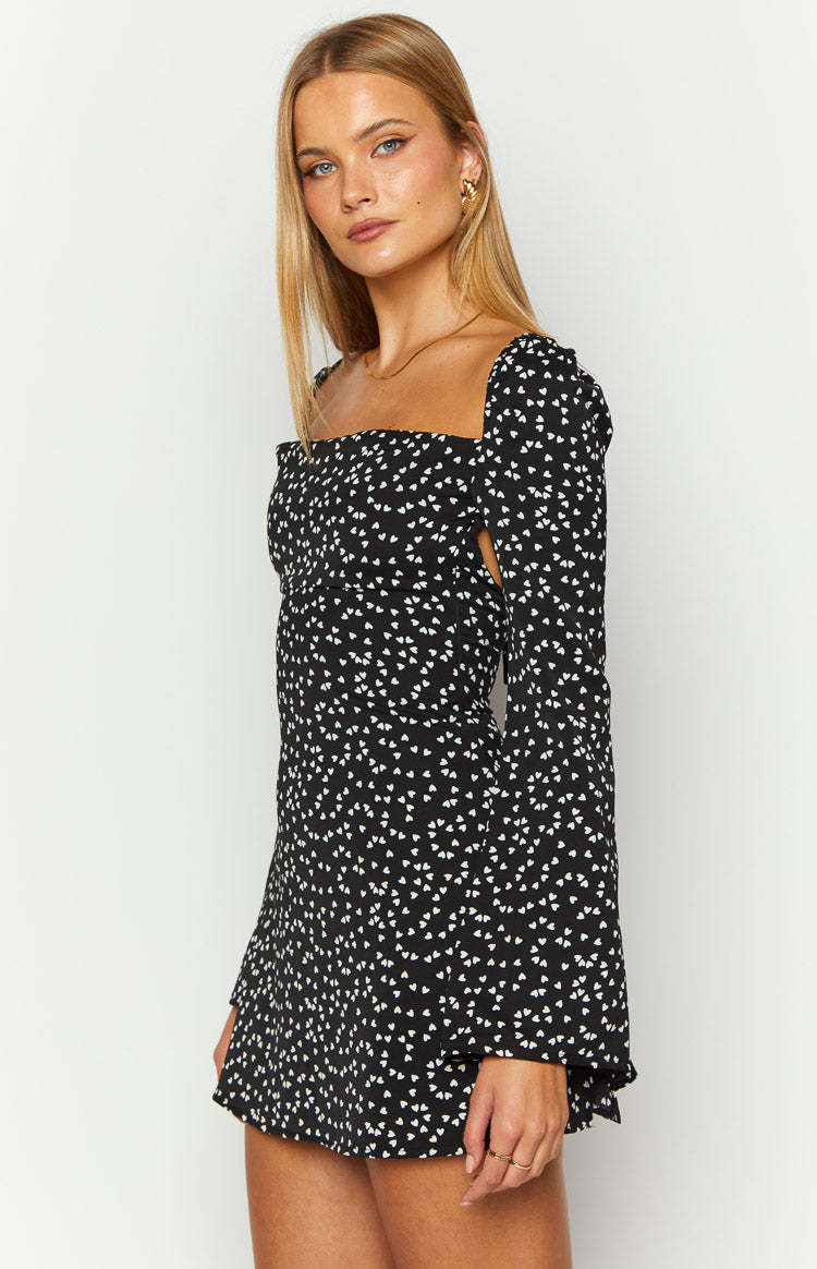 Marienne Black Heart Print Long Sleeve Mini Dress-Vavasi.All Rights Reserved.