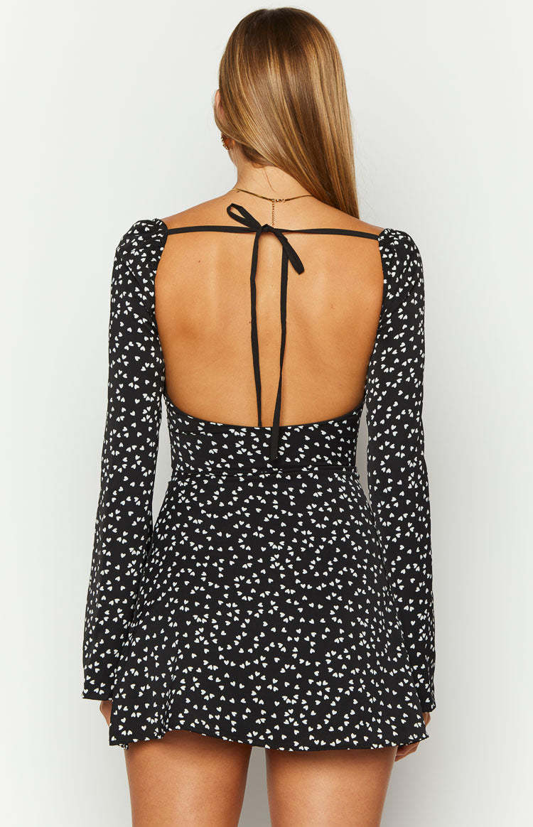 Marienne Black Heart Print Long Sleeve Mini Dress-Vavasi.All Rights Reserved.